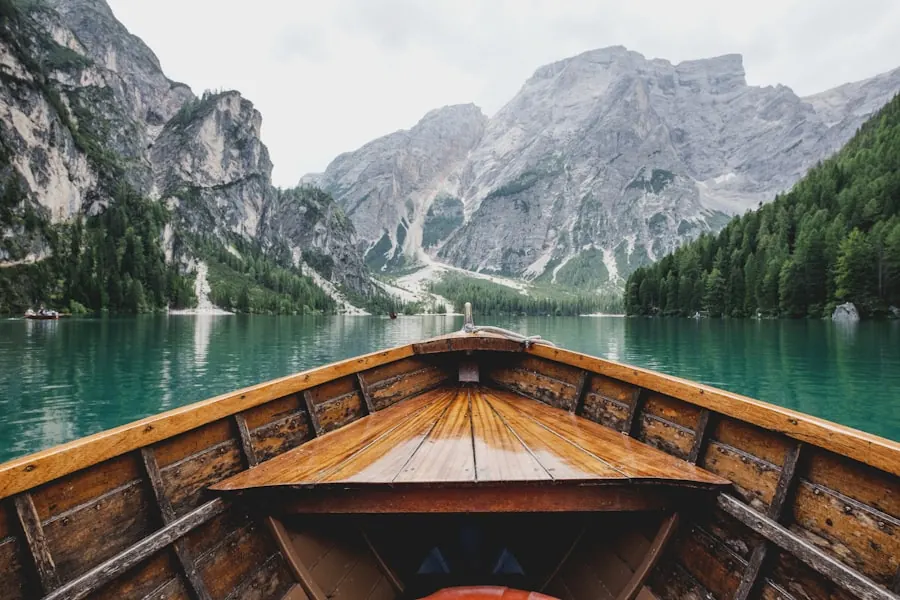 A wooden boat on an alpine lake