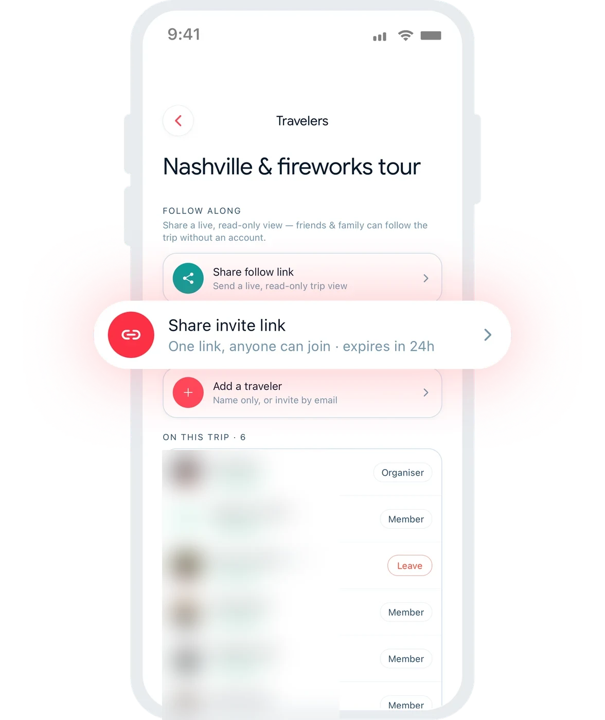 Tripmojo travellers screen with a shareable invite link